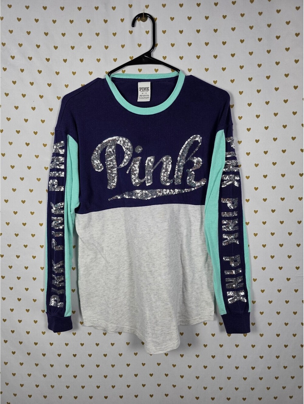 Victorias Secret PINK Bling Silver sequin Long sleeve Tee shirt Colorblock XS